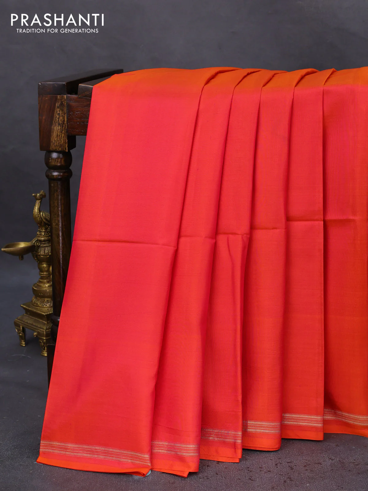 Pure soft silk saree dual shade of pinkish orange and yellow with plain body and hand painted kalamkari printed pallu - Image 2