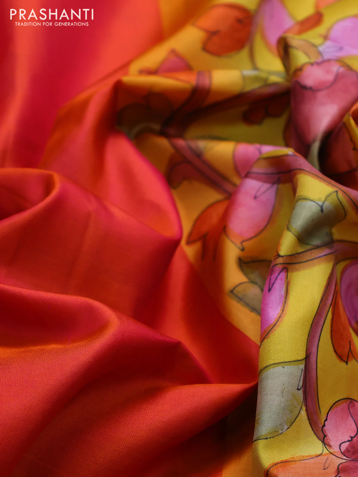 Pure soft silk saree dual shade of pinkish orange and yellow with plain body and hand painted kalamkari printed pallu - Image 3