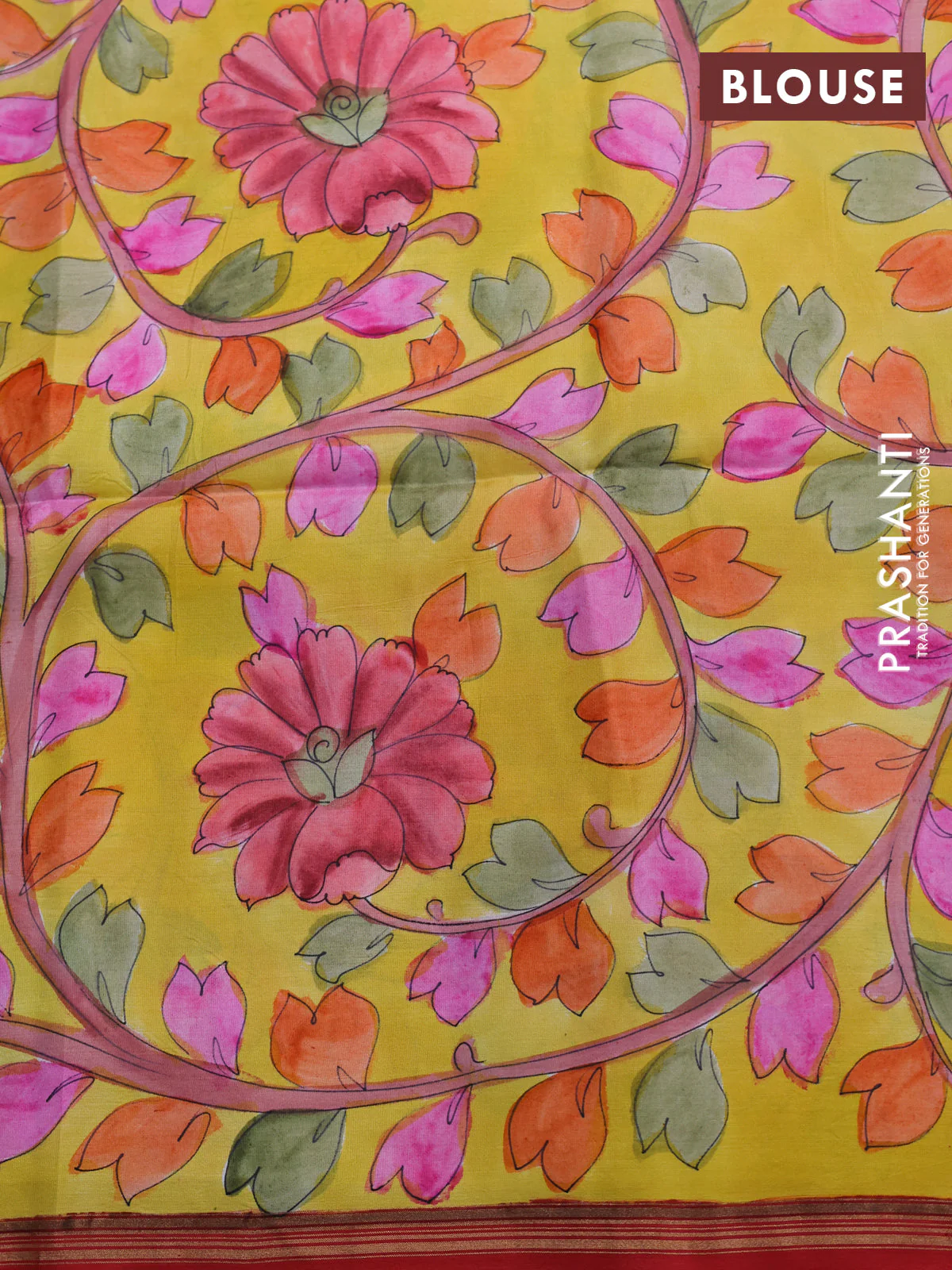 Pure soft silk saree dual shade of pinkish orange and yellow with plain body and hand painted kalamkari printed pallu - Image 4