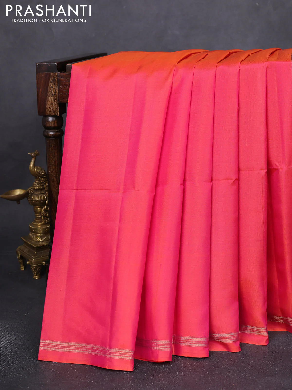Pure soft silk saree dual shade of pinkish orange and yellow with plain body and kalamkari hand painted pallu - Image 2