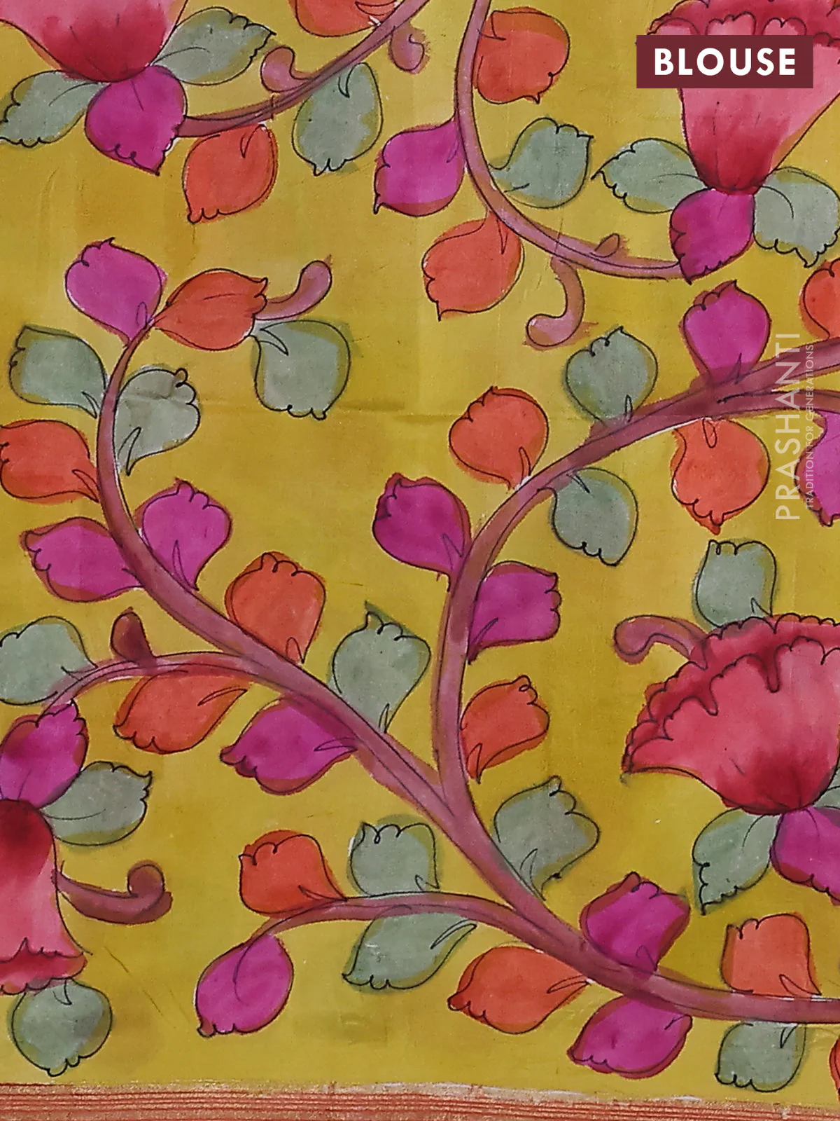 Pure soft silk saree dual shade of pinkish orange and yellow with plain body and kalamkari hand painted pallu - Image 3