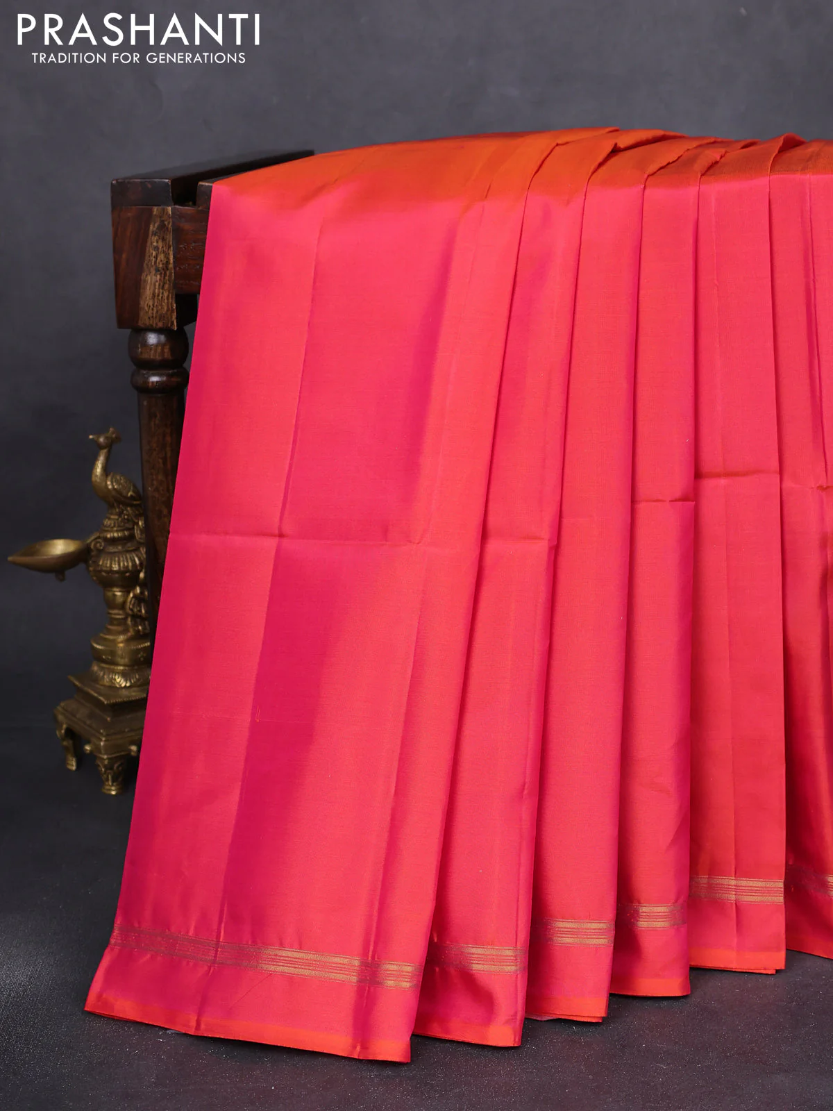 Pure soft silk saree dual shade of pinkish orange and yellow with plain body and kalamkari hand painted pallu - Image 2