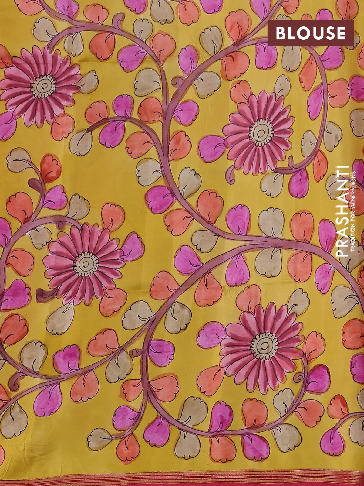 Pure soft silk saree dual shade of pinkish orange and yellow with plain body and kalamkari hand painted pallu - Image 3