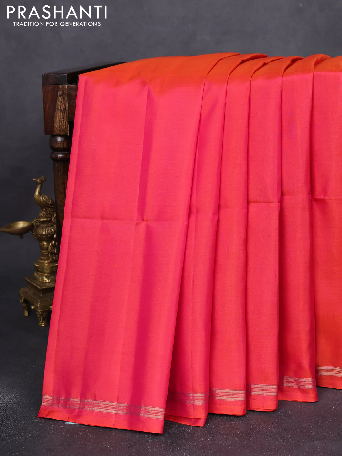 Pure soft silk saree dual shade of pinkish orange and yellow with plain body and kalamkari hand painted pallu - Image 2