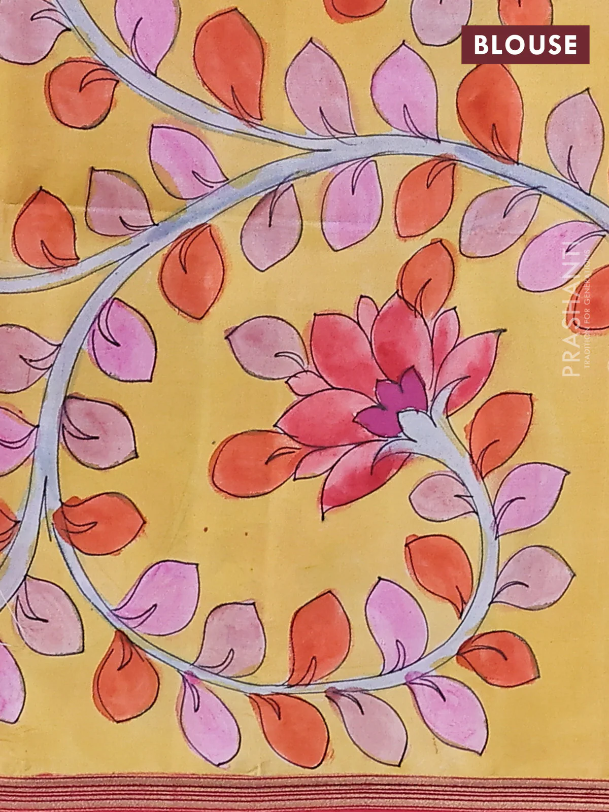 Pure soft silk saree dual shade of pinkish orange and yellow with plain body and kalamkari hand painted pallu - Image 3