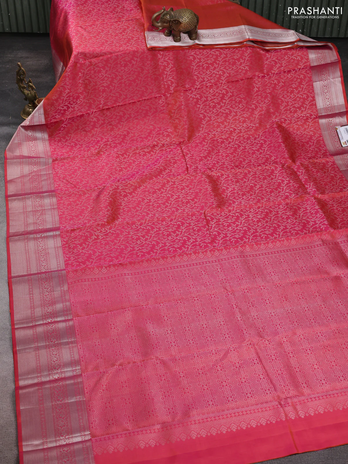 Pure soft silk saree dual shade of pinkish orange with allover zari brocade weaves and zari woven border - Image 2