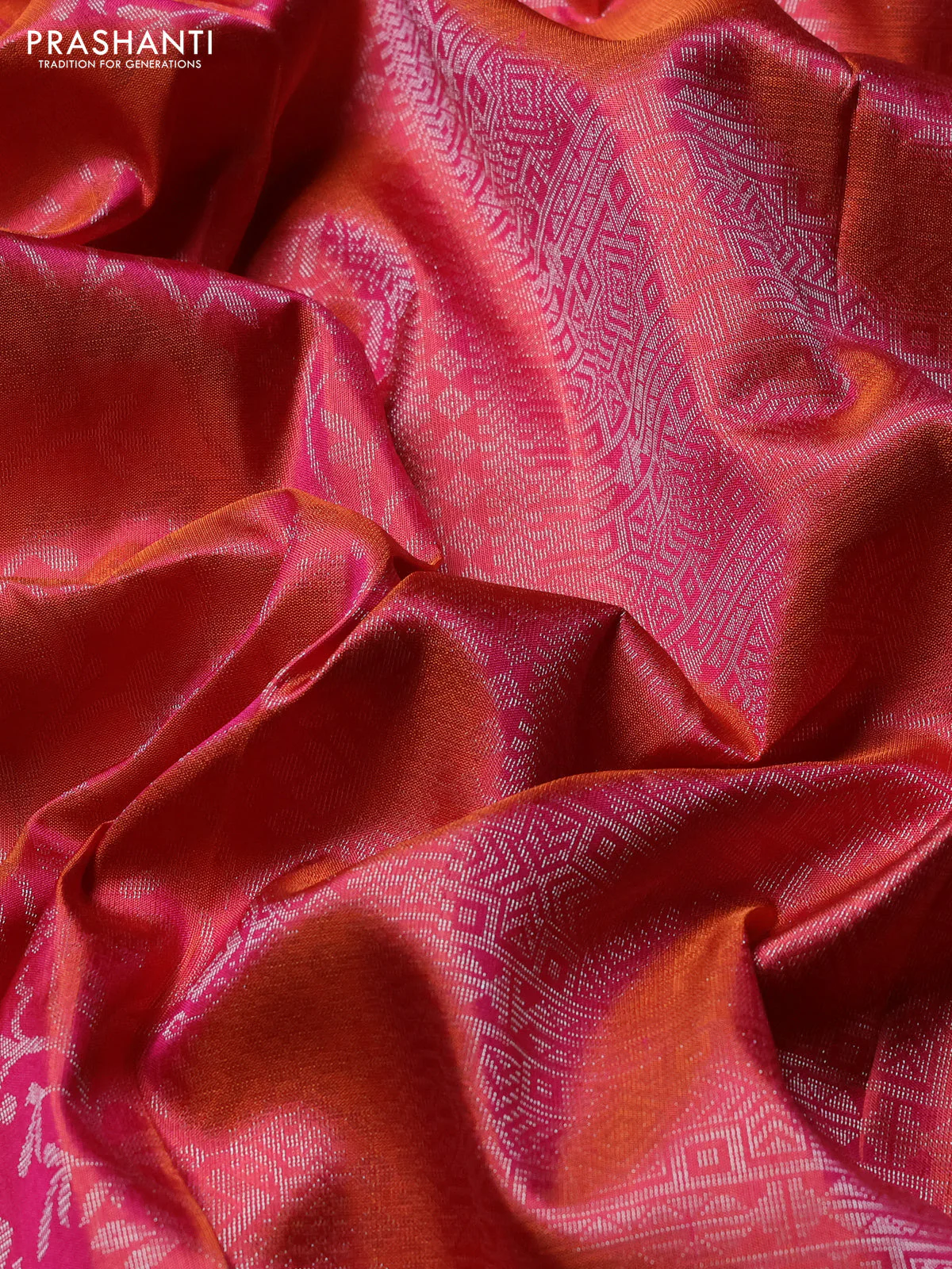 Pure soft silk saree dual shade of pinkish orange with allover zari brocade weaves and zari woven border - Image 3