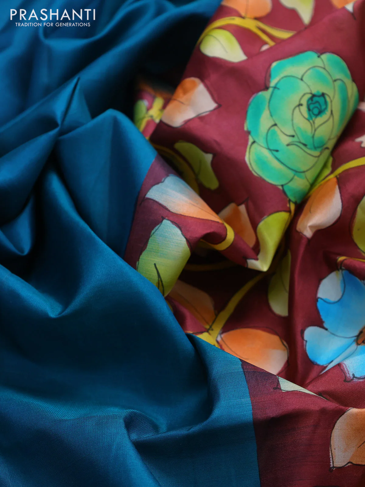 Pure soft silk saree dual shade of teal and maroon with plain body and hand painted kalamkari pallu - Image 3