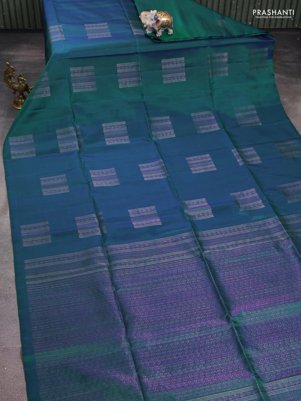 Pure soft silk saree dual shade of teal blue with thread & zari woven box type buttas in borderless style - Image 2