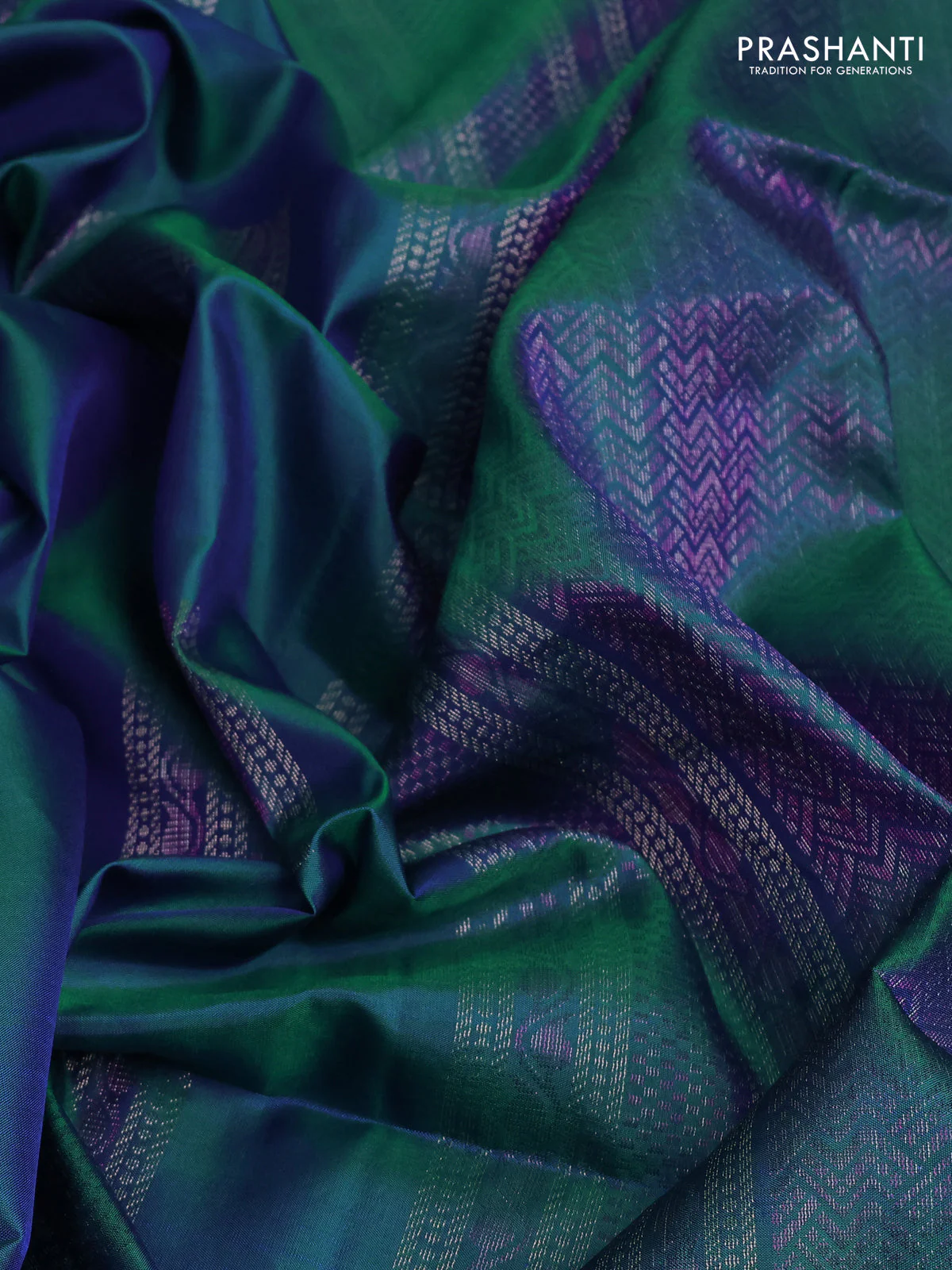 Pure soft silk saree dual shade of teal blue with thread & zari woven box type buttas in borderless style - Image 3