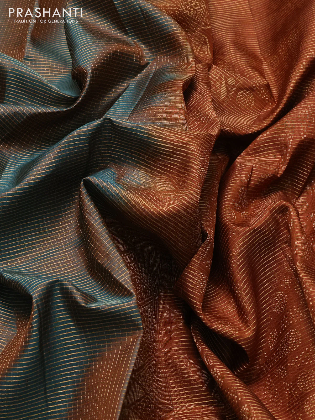Pure soft silk saree dual shade of teal green and brown with allover small zari checked pattern and long zari woven border - Image 3