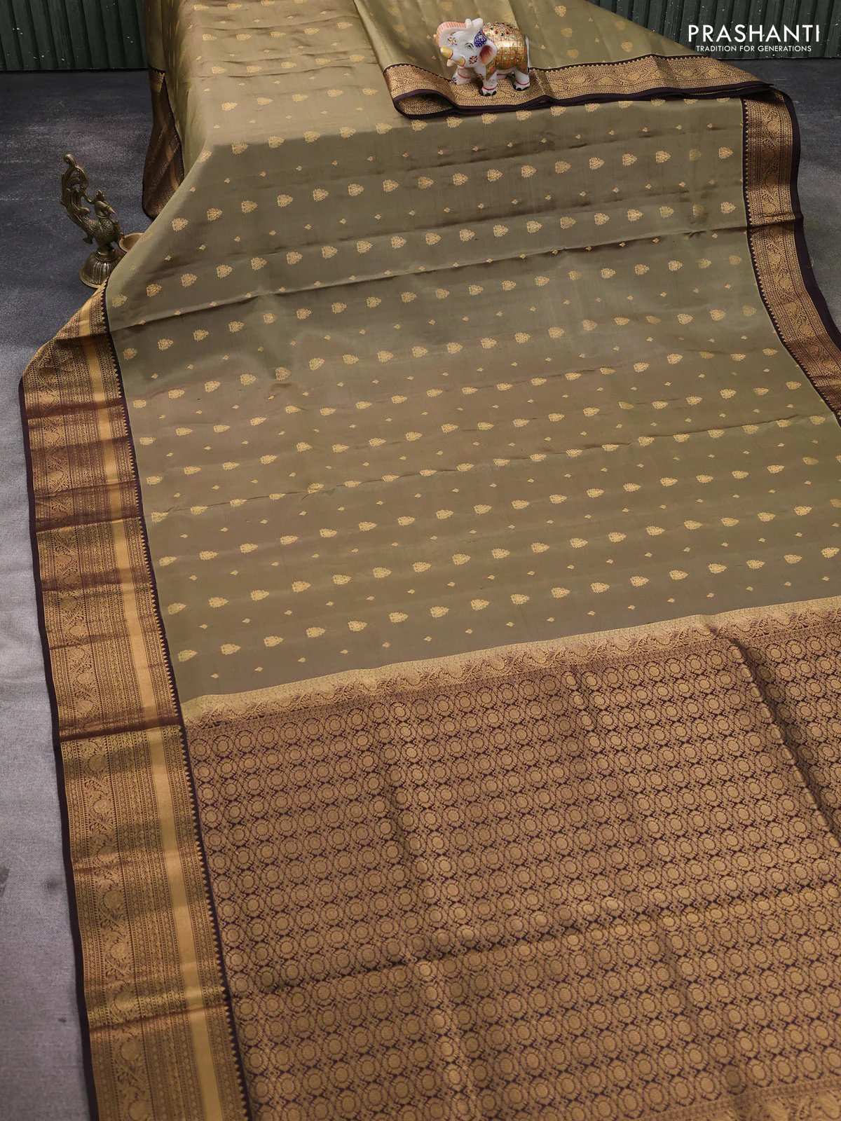Pure soft silk saree elaichi green and coffee brown with allover zari woven buttas and rich zari woven border - Image 2