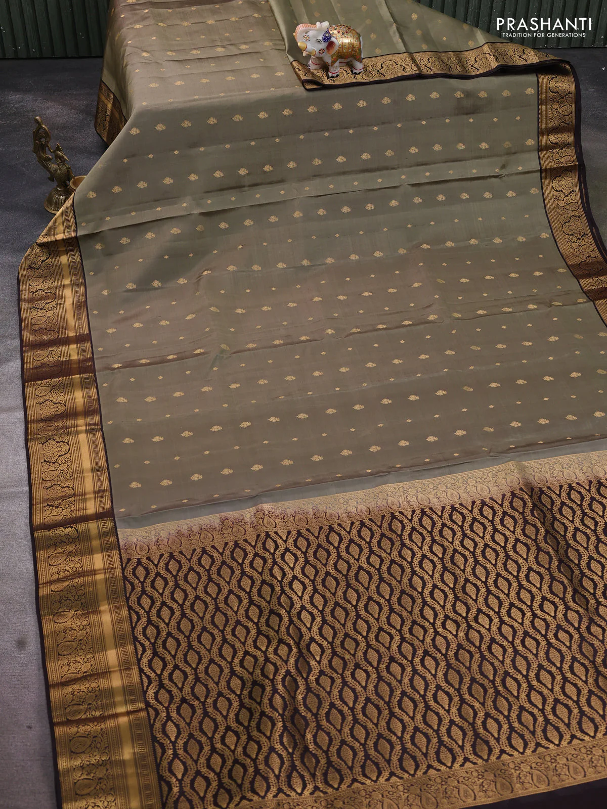Pure soft silk saree elaichi green and coffee brown with allover zari woven buttas and rich zari woven border - Image 2