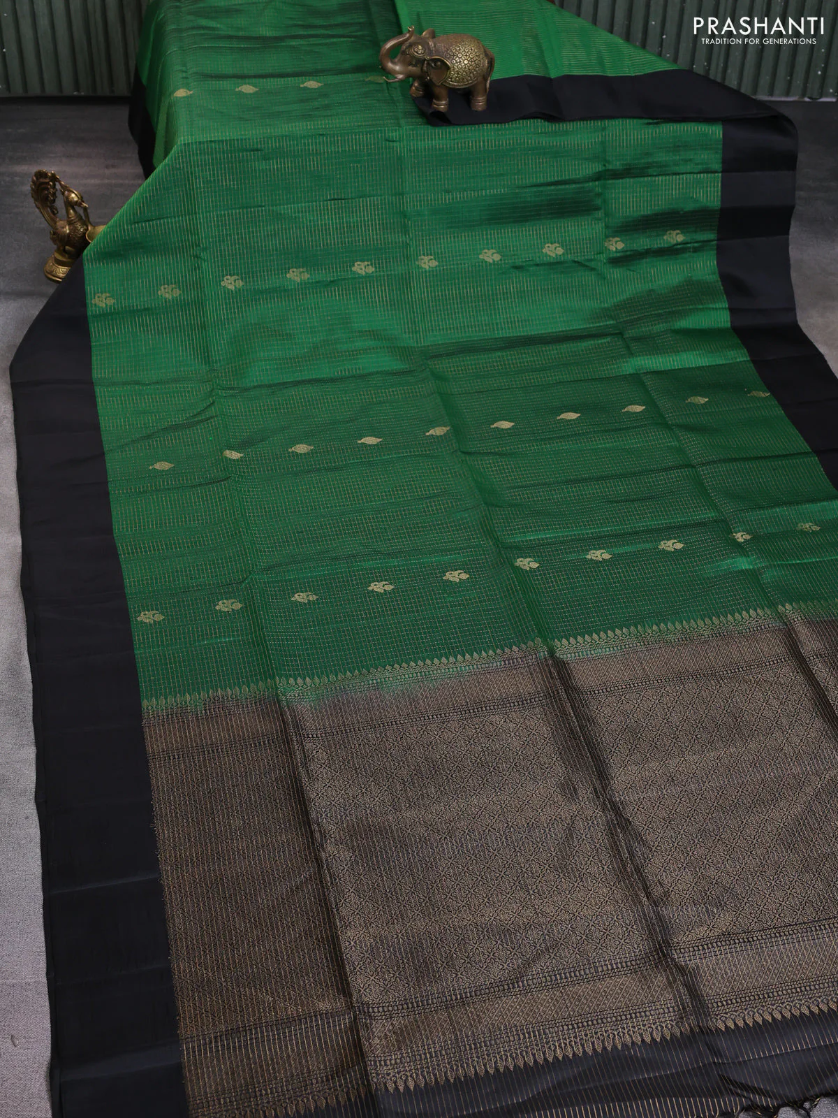 Pure soft silk saree green and black with allover zari checks & buttas and simple border - Image 2