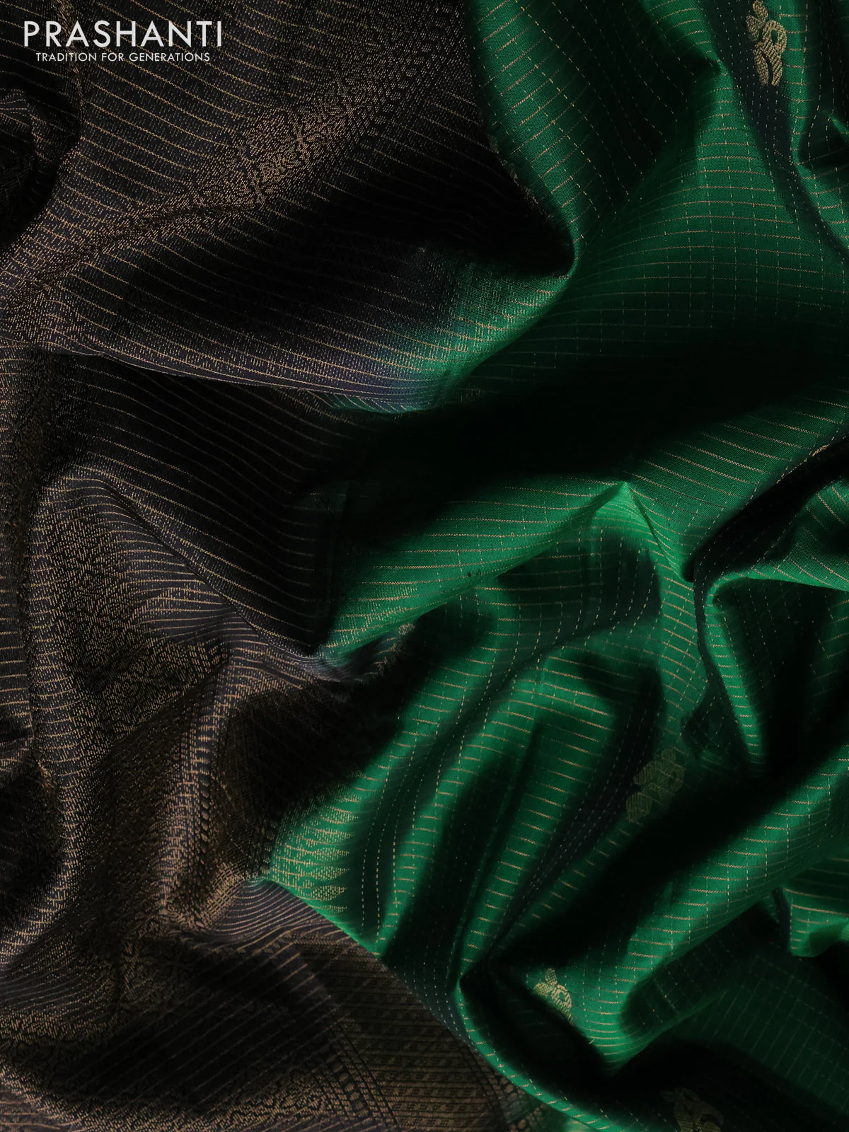Pure soft silk saree green and black with allover zari checks & buttas and simple border - Image 3