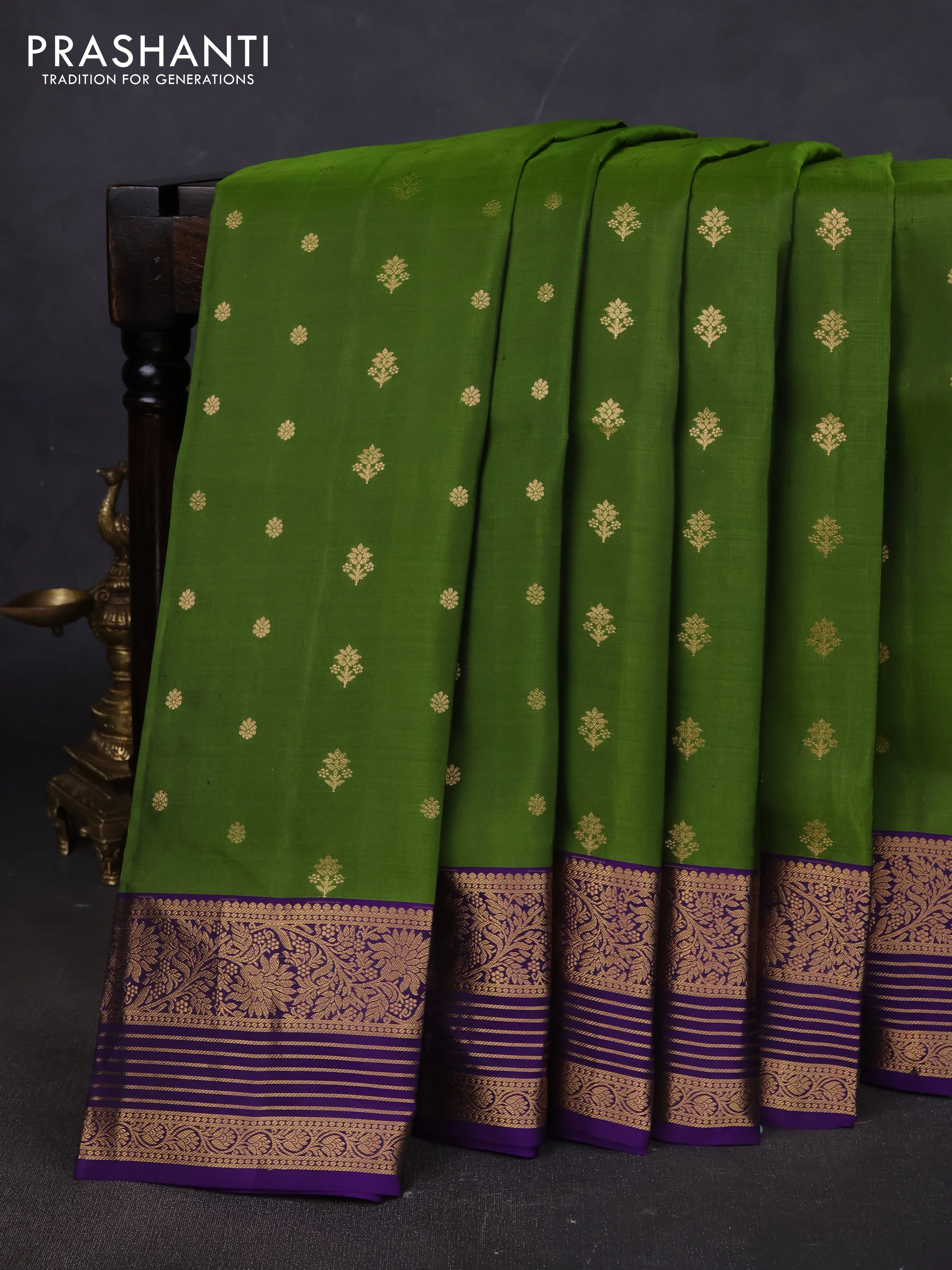 Pure soft silk saree green and blue with allover zari woven buttas and floral zari woven border