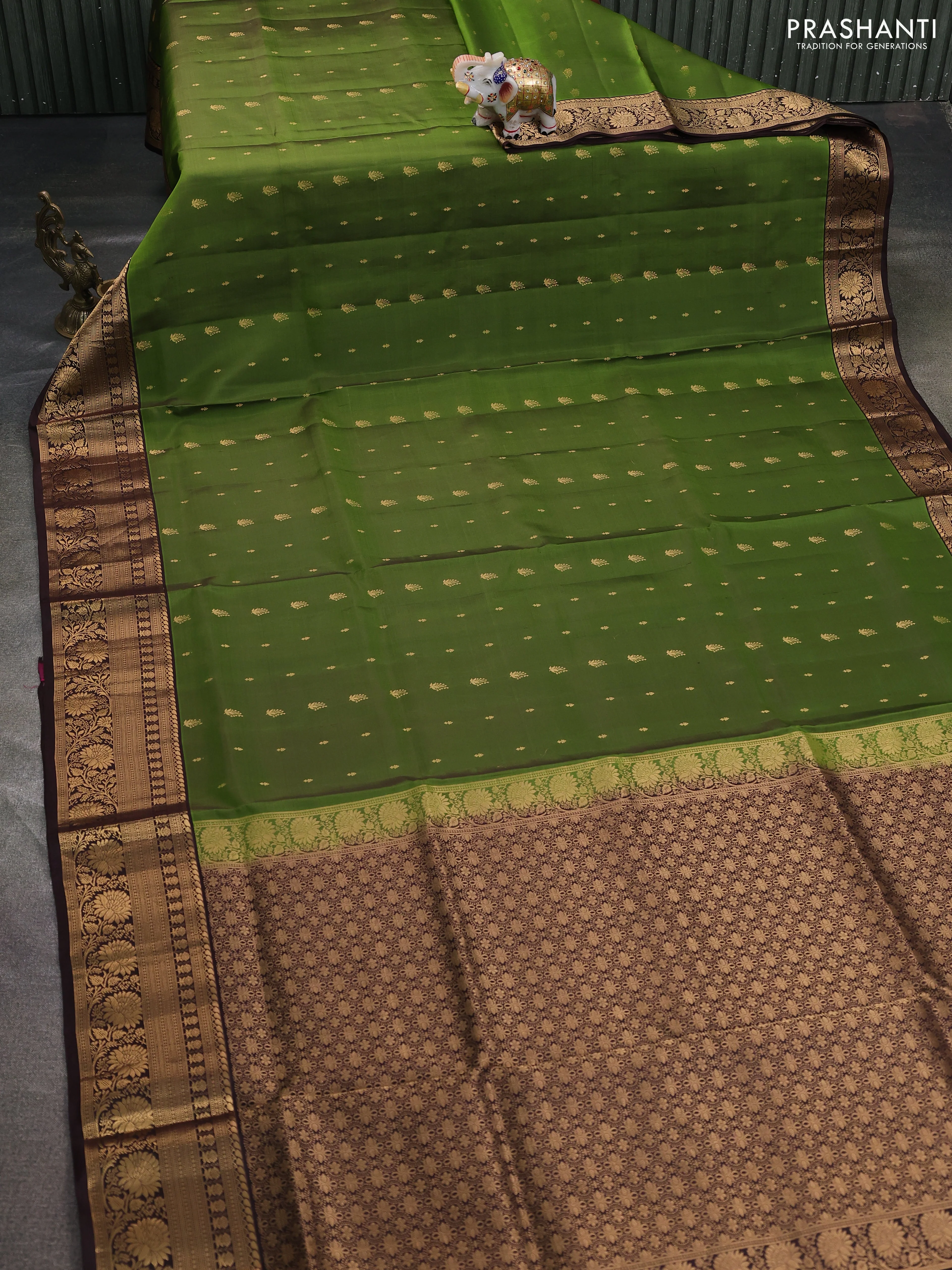 Pure soft silk saree green and coffee brown with allover zari woven buttas and rich zari woven border - Image 2