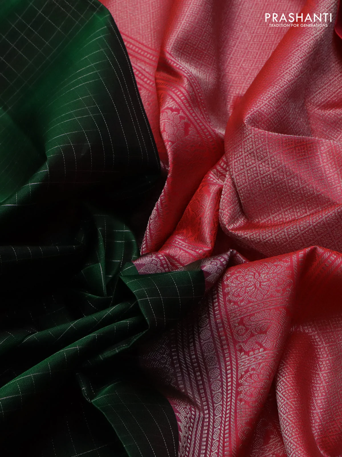 Pure soft silk saree green and dual shade of pinkish orange with allover silver zari checks and zari woven butta border - Image 3