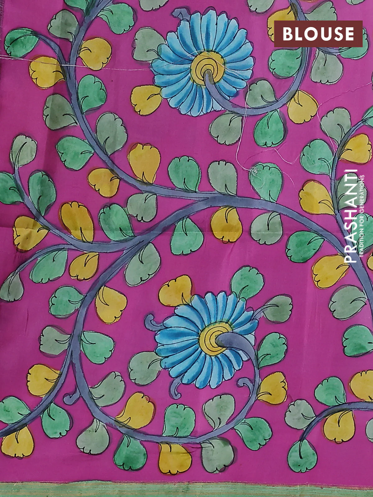 Pure soft silk saree green and magenta pink with plain body and kalamkari hand painted pallu - Image 3