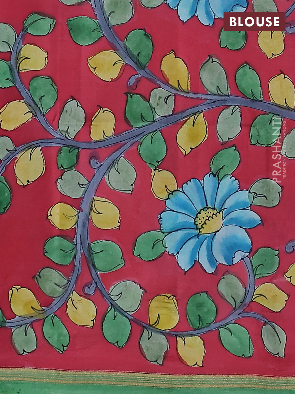 Pure soft silk saree green and maroon with plain body and kalamkari hand painted pallu - Image 3