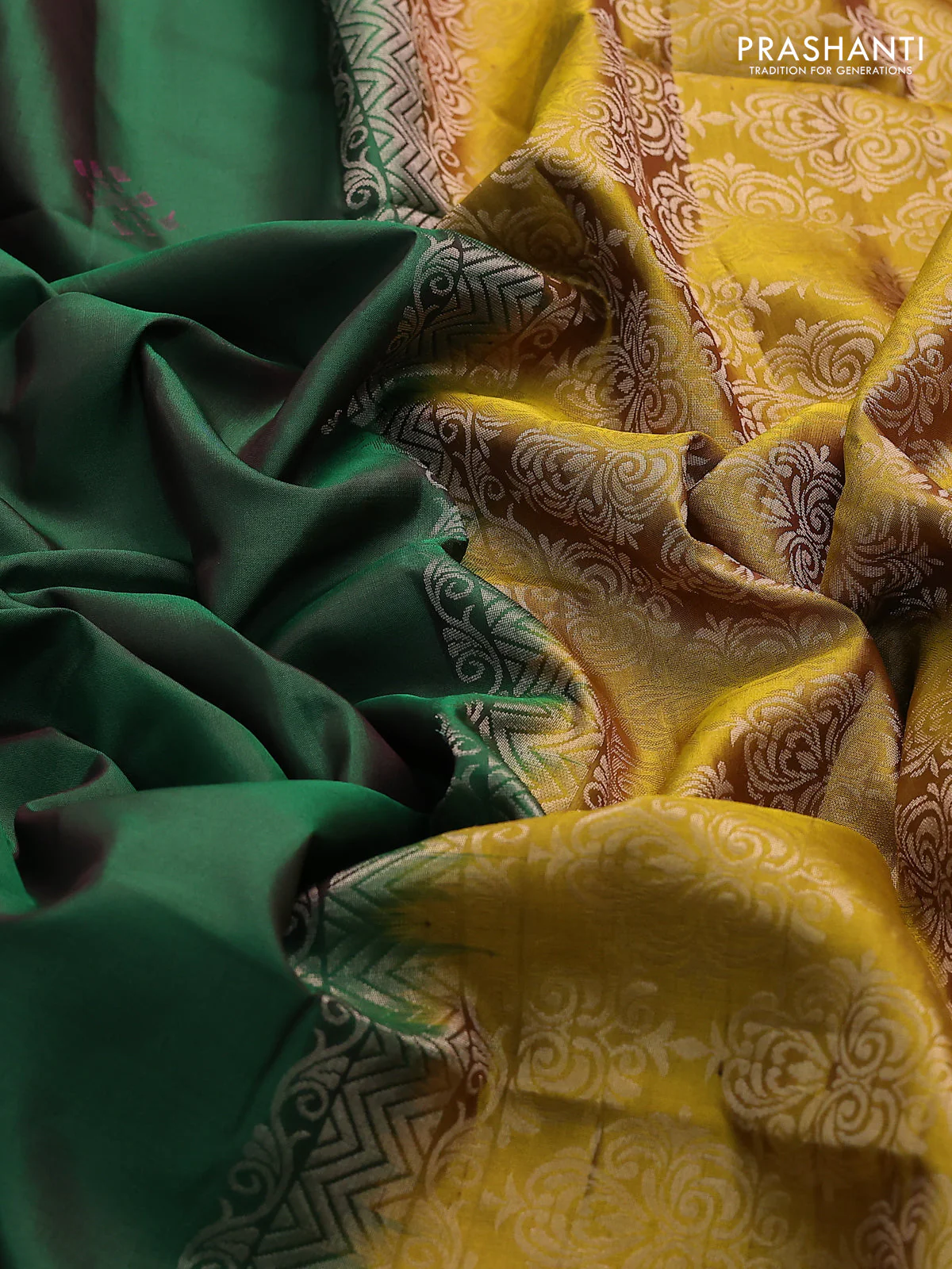 Pure soft silk saree green and mustard shade with zari woven buttas and zari woven border - Image 3