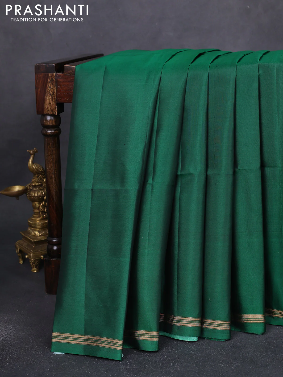 Pure soft silk saree green and orange with plain body and kalamkari hand painted pallu - Image 2