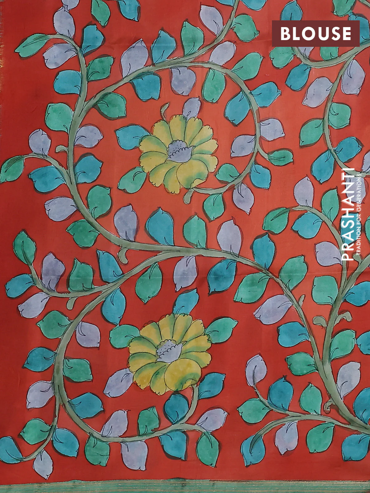 Pure soft silk saree green and orange with plain body and kalamkari hand painted pallu - Image 3