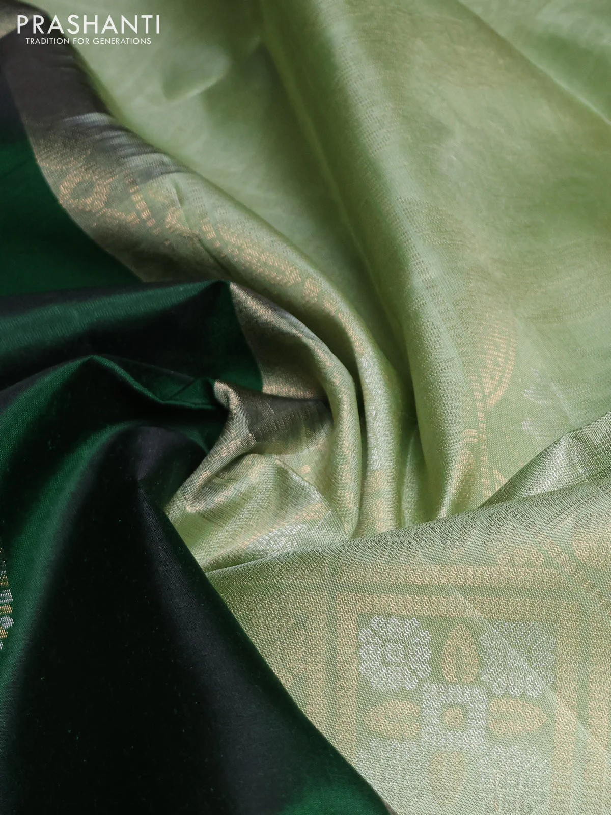 Pure soft silk saree green and pastel green with zari woven buttas and rettapet zari woven border - Image 3