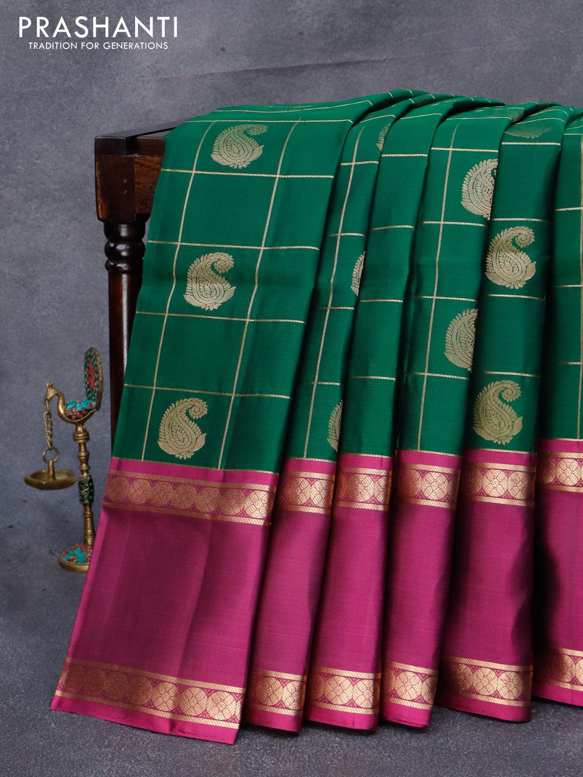 Pure soft silk saree green and purple with allover zari checks & paisley buttas and rettapet zari woven border - Image 4