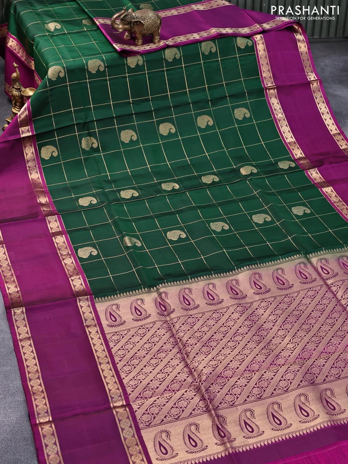 Pure soft silk saree green and purple with allover zari checks & paisley buttas and rettapet zari woven border - Image 5