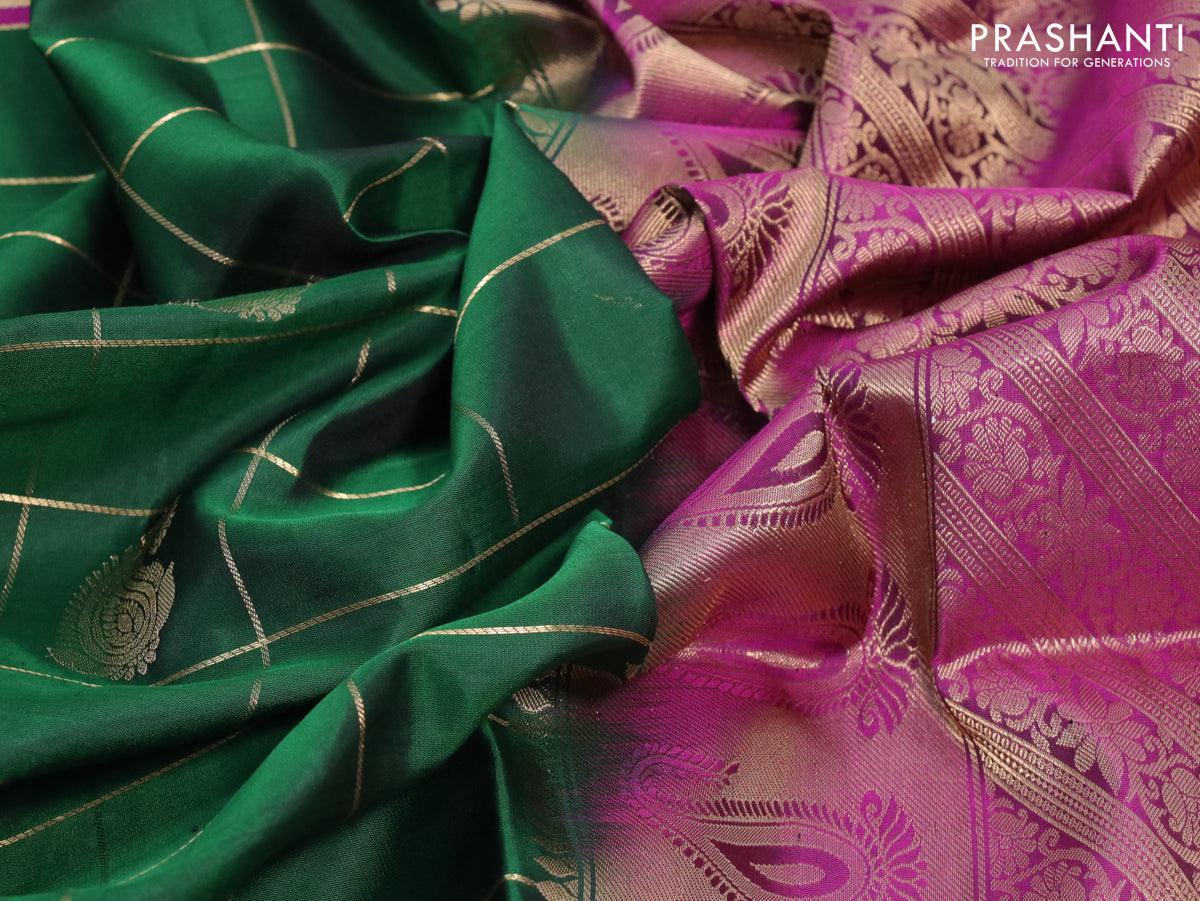 Pure soft silk saree green and purple with allover zari checks & paisley buttas and rettapet zari woven border - Image 6