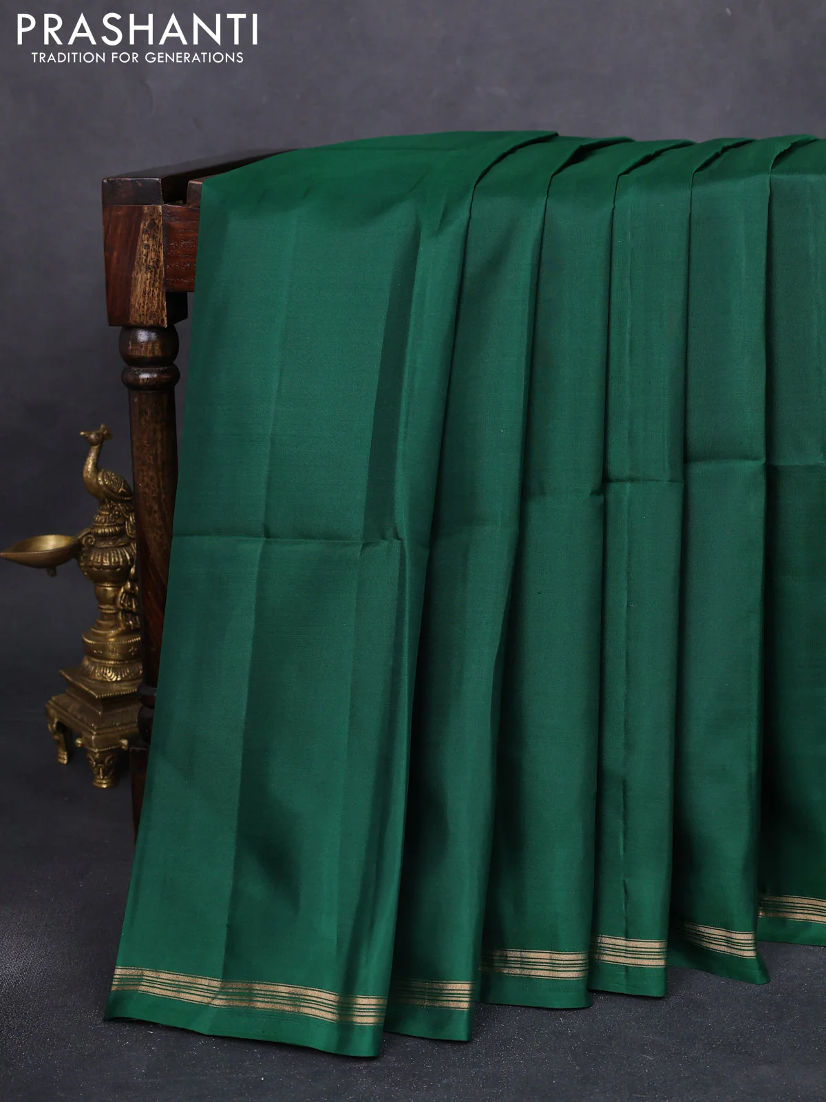 Pure soft silk saree green and purple with plain body and kalamkari hand painted pallu - Image 2