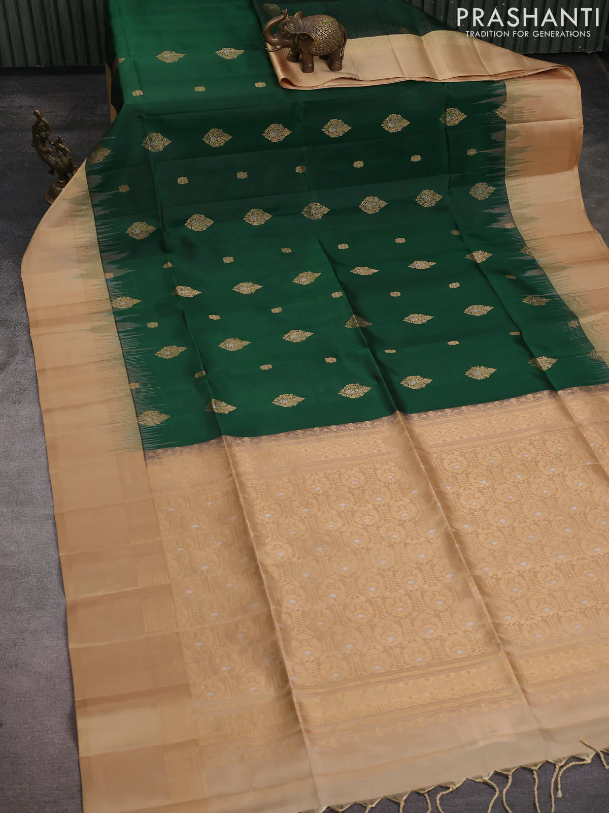 Pure soft silk saree green and sandal with zari woven buttas and zari woven simple border - Image 2