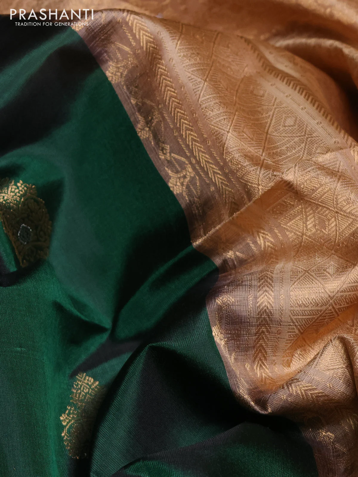 Pure soft silk saree green and sandal with zari woven buttas and zari woven simple border - Image 3