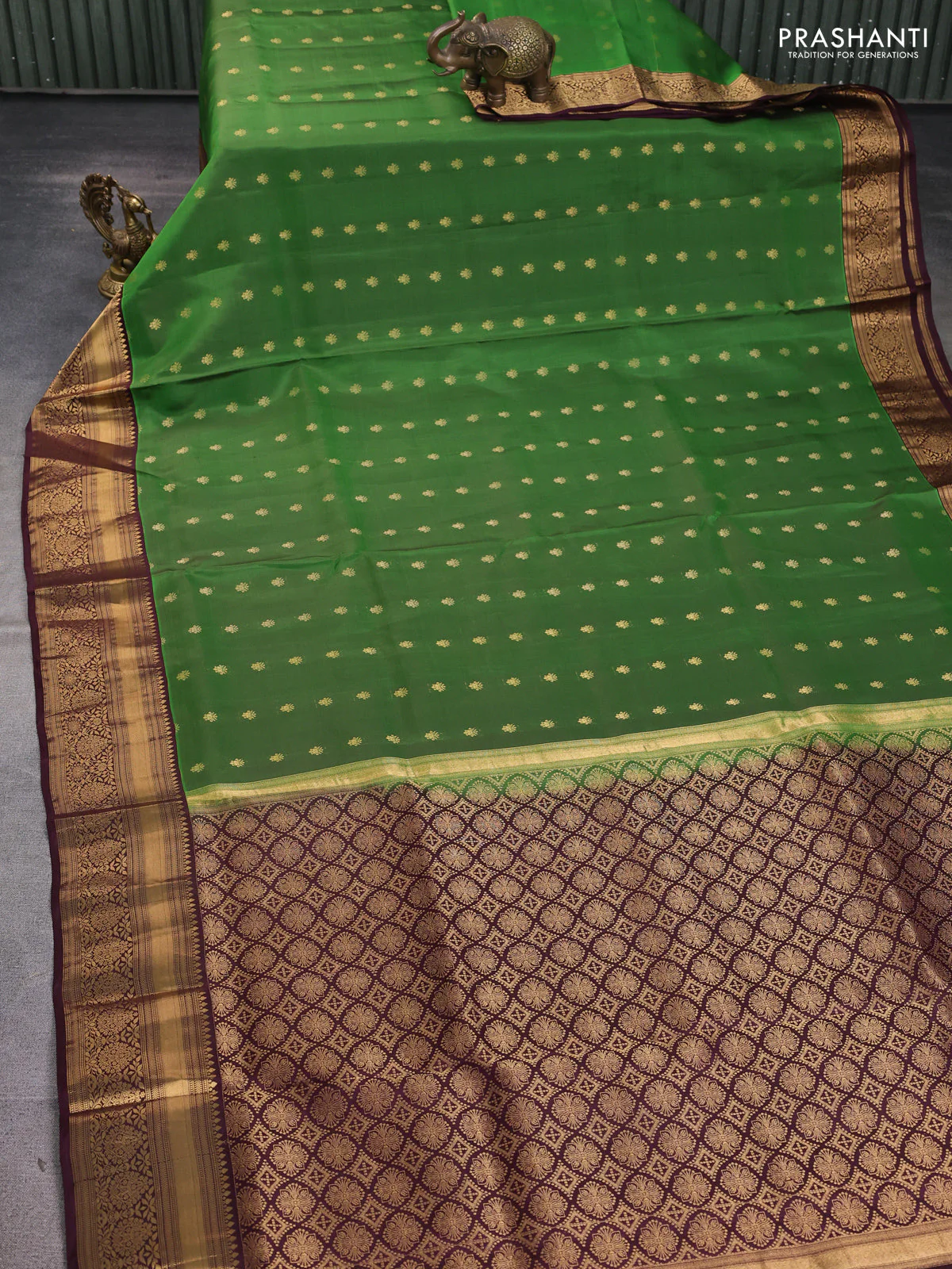 Pure soft silk saree green and wine shade with allover zari woven buttas and zari woven border - Image 2