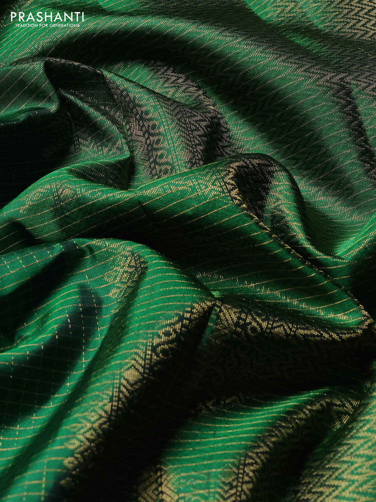 Pure soft silk saree green with allover zari checks pattern and zari woven border - Image 3