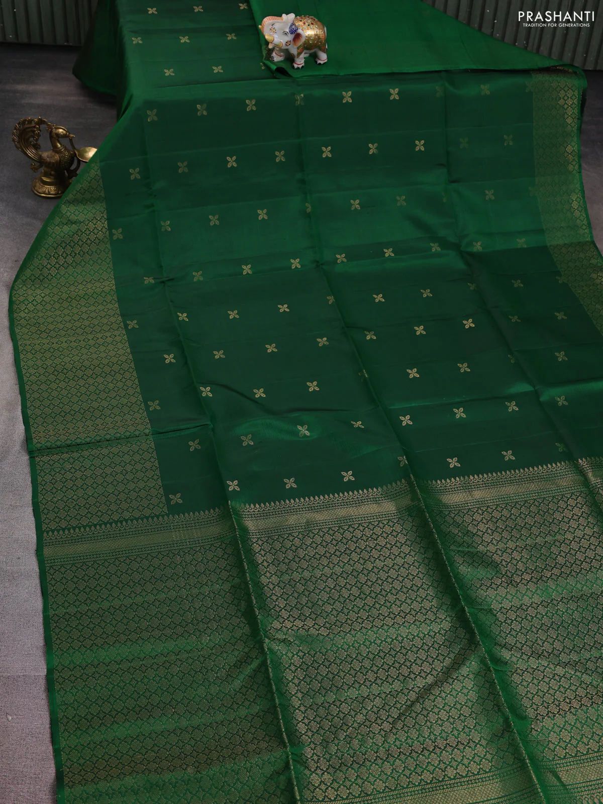 Pure soft silk saree green with zari woven buttas and zari woven border - Image 2