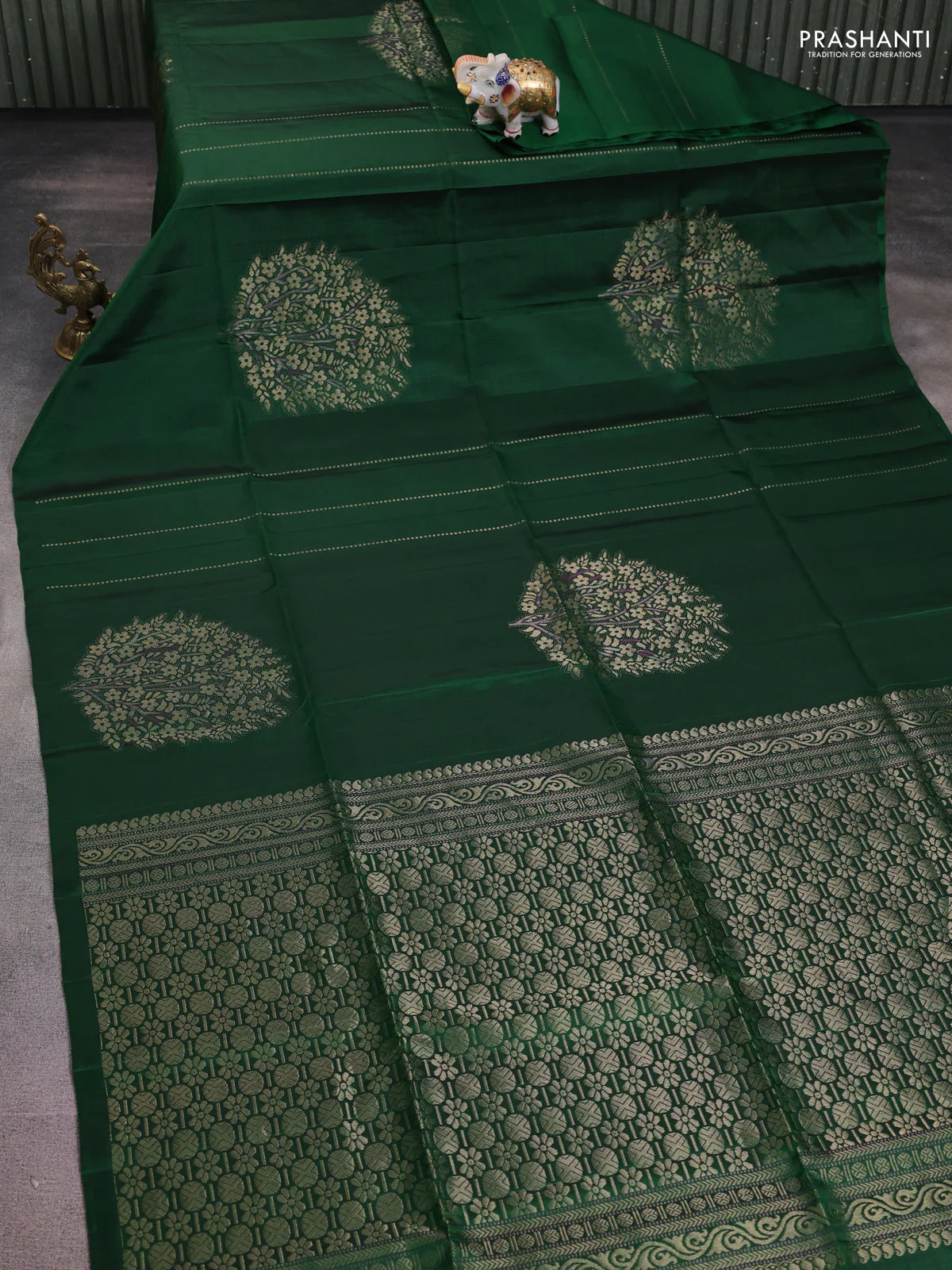 Pure soft silk saree green with zari woven buttas in borderless style - Image 2