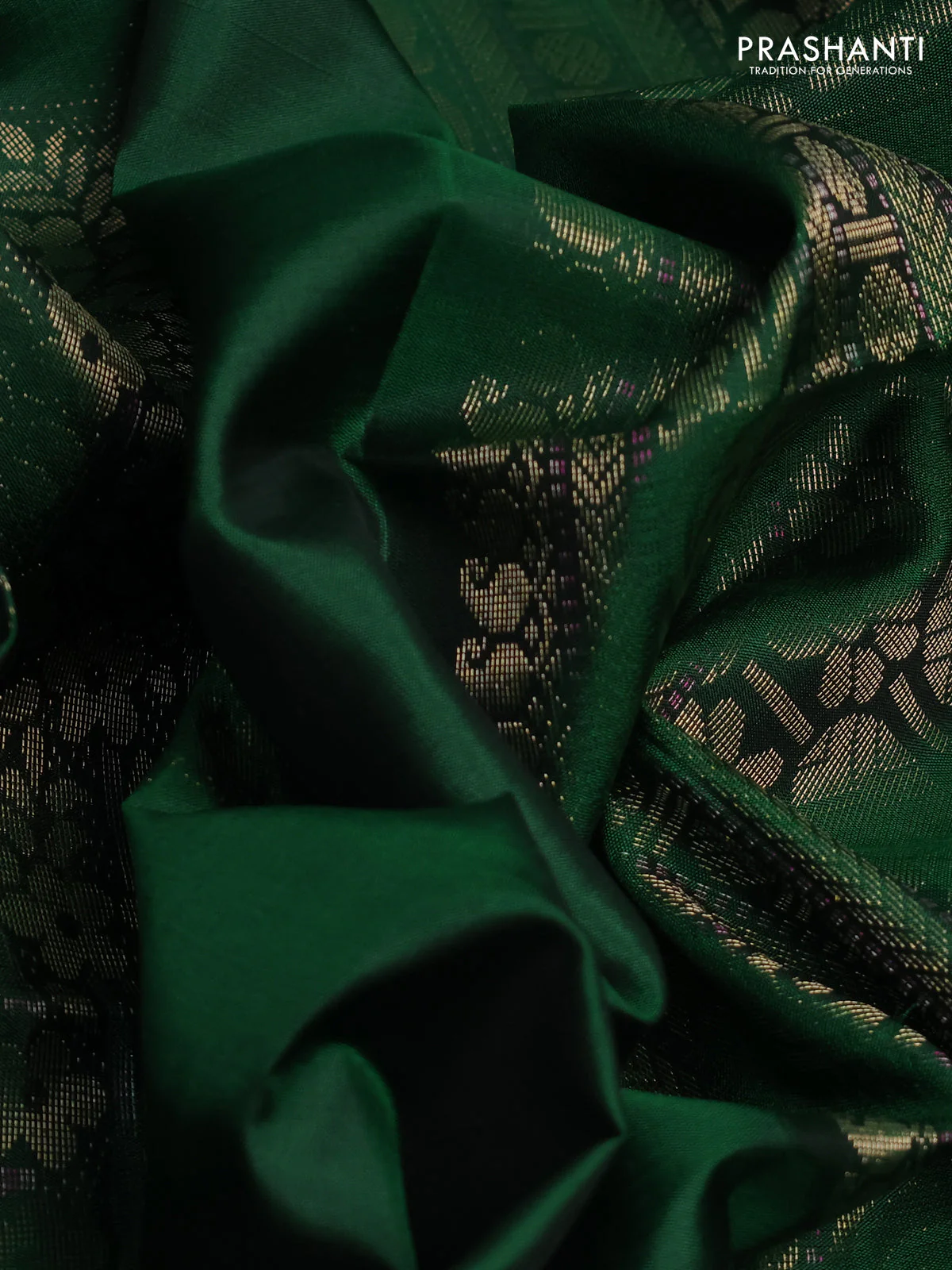 Pure soft silk saree green with zari woven buttas in borderless style - Image 3