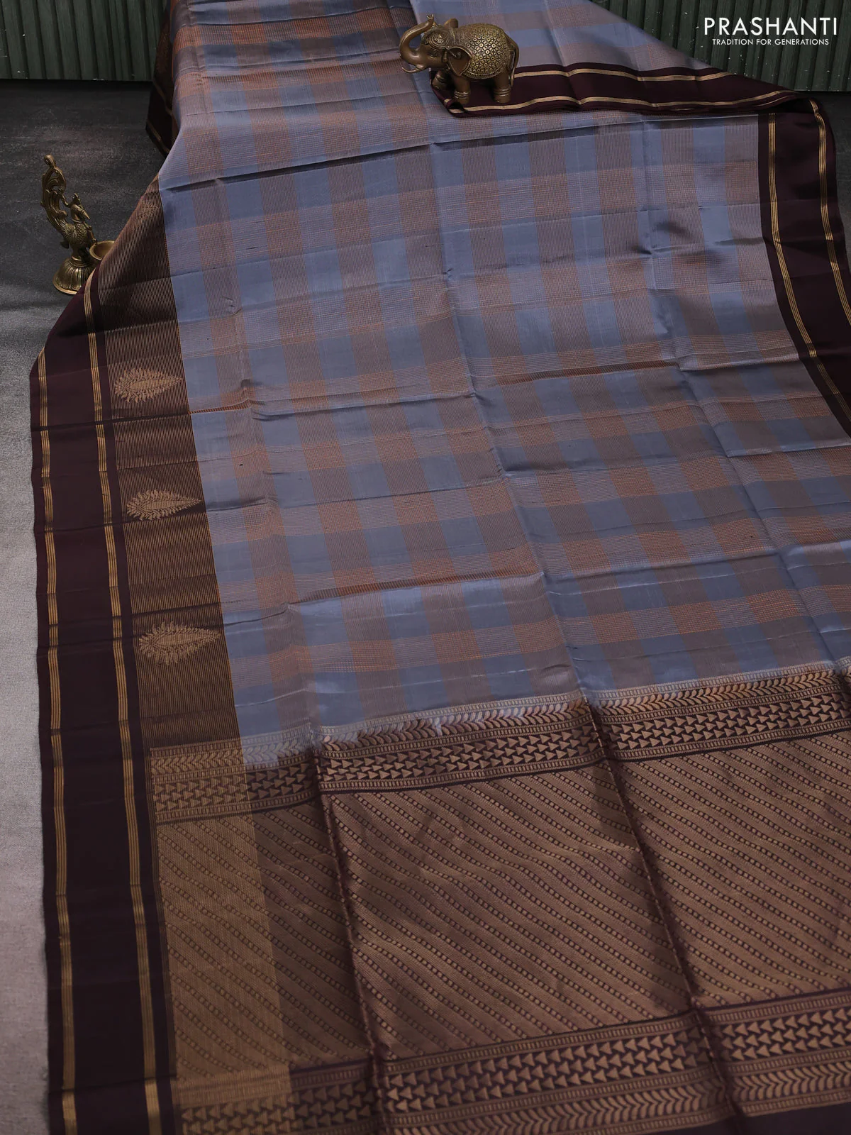 Pure soft silk saree grey and coffee brown with allover thread weaves and rettapet zari woven border - Image 2