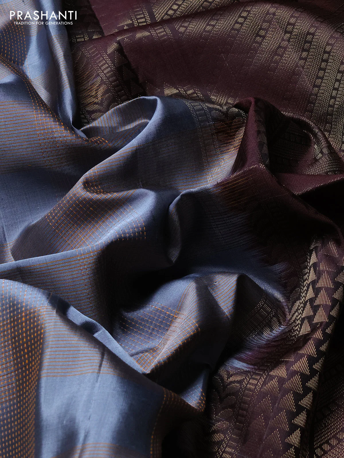 Pure soft silk saree grey and coffee brown with allover thread weaves and rettapet zari woven border - Image 3