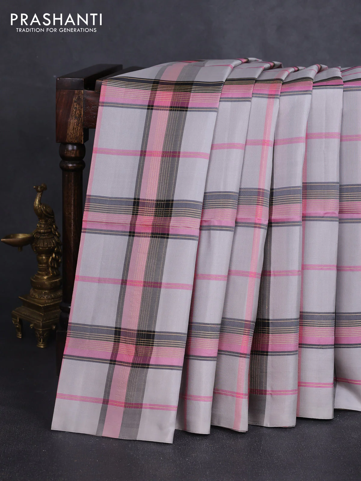 Pure soft silk saree grey and light pink with allover zari checked pattern in borderless style