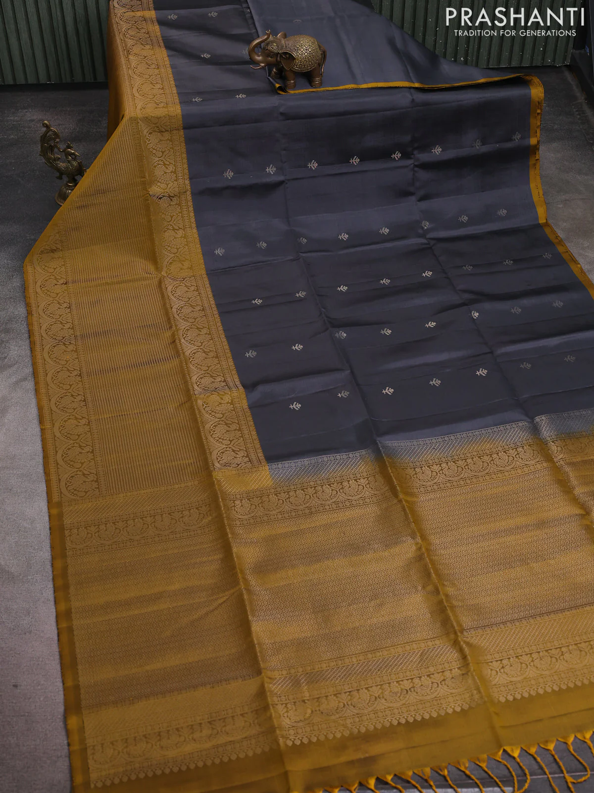 Pure soft silk saree grey and mustard yellow with silver zari woven buttas and piping border - Image 2