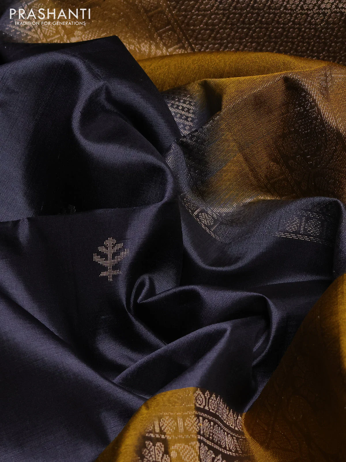 Pure soft silk saree grey and mustard yellow with silver zari woven buttas and piping border - Image 3