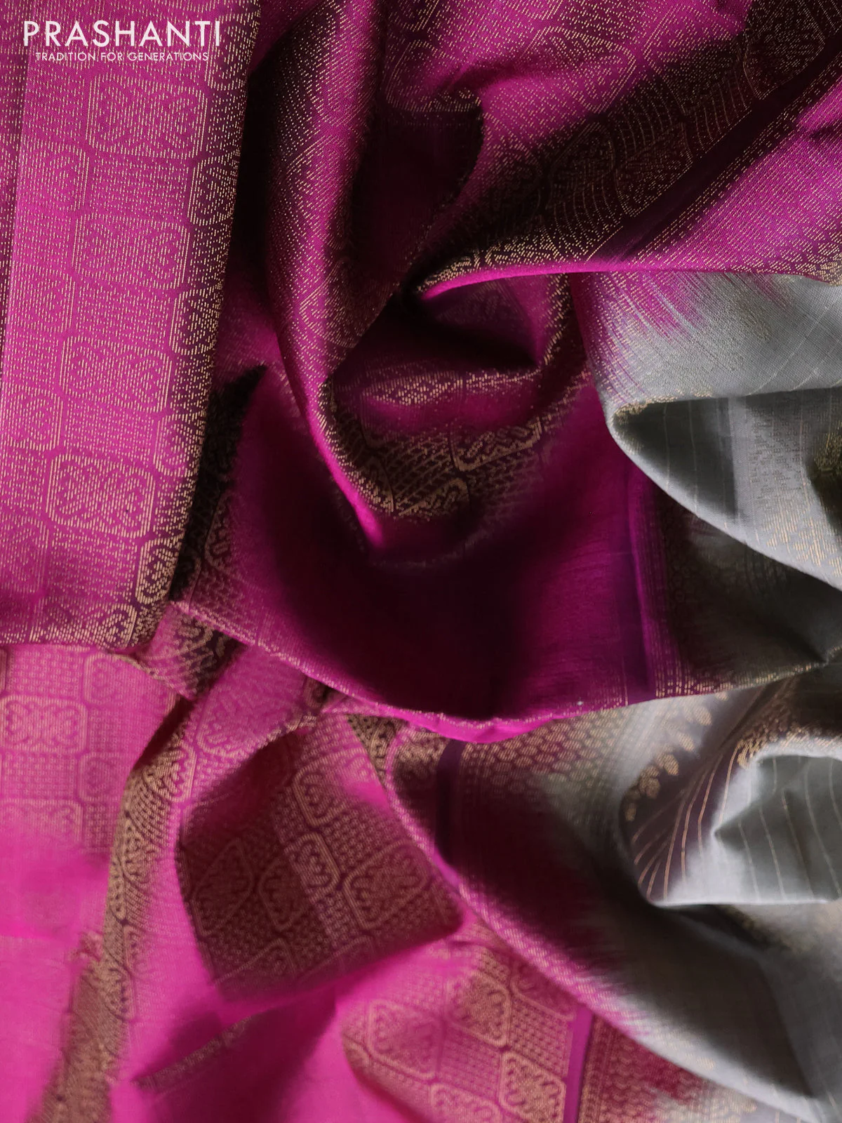 Pure soft silk saree grey and purple with allover zari weaves & buttas and zari woven checked border - Image 3
