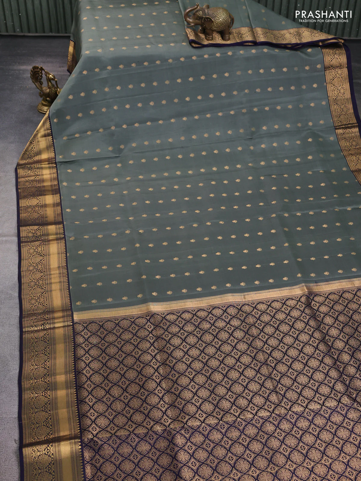 Pure soft silk saree grey shade and navy blue with allover zari woven buttas and zari woven border - Image 2