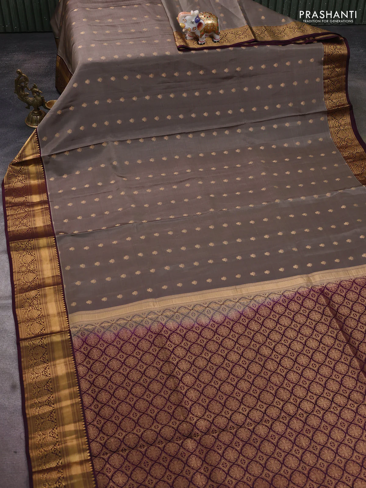 Pure soft silk saree grey shade and wine shade with allover zari woven buttas and floral zari woven border - Image 2