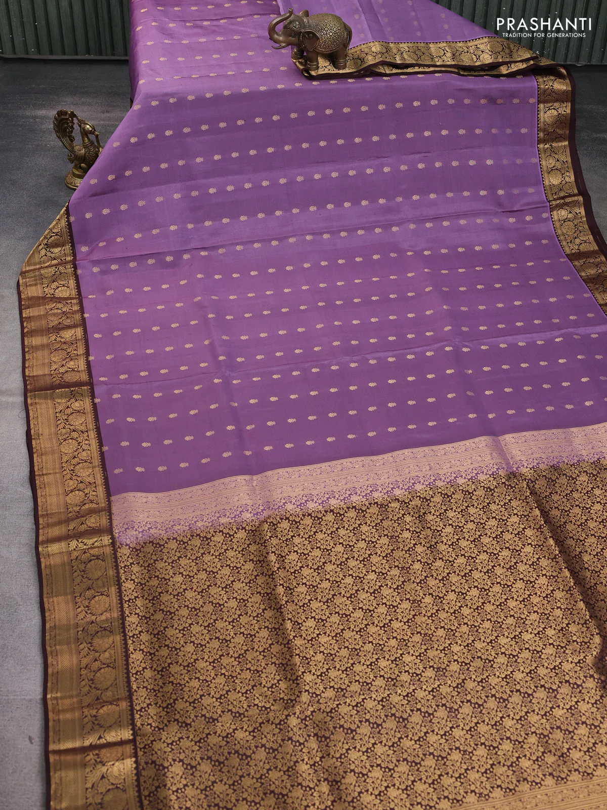 Pure soft silk saree lavender and coffee brown with allover zari woven buttas and rich zari woven border - Image 2