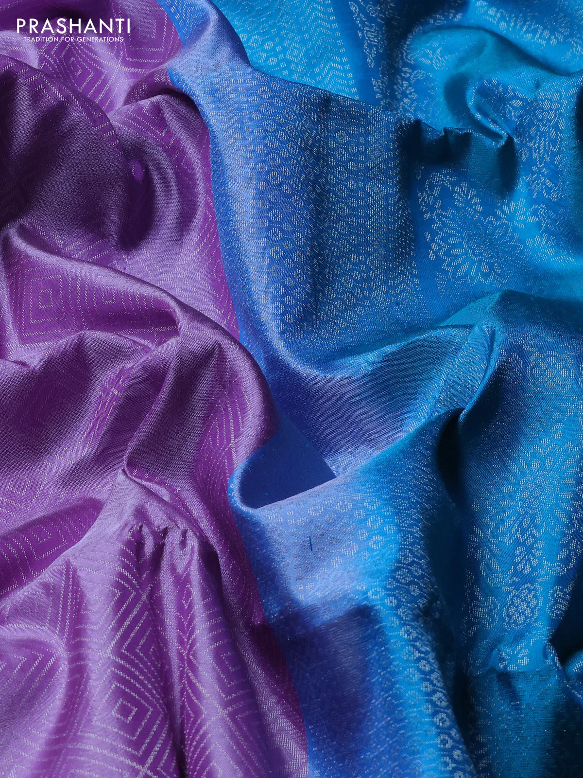 Pure soft silk saree lavender and teal blue with allover silver zari woven brocade weaves in borderless style - Image 3