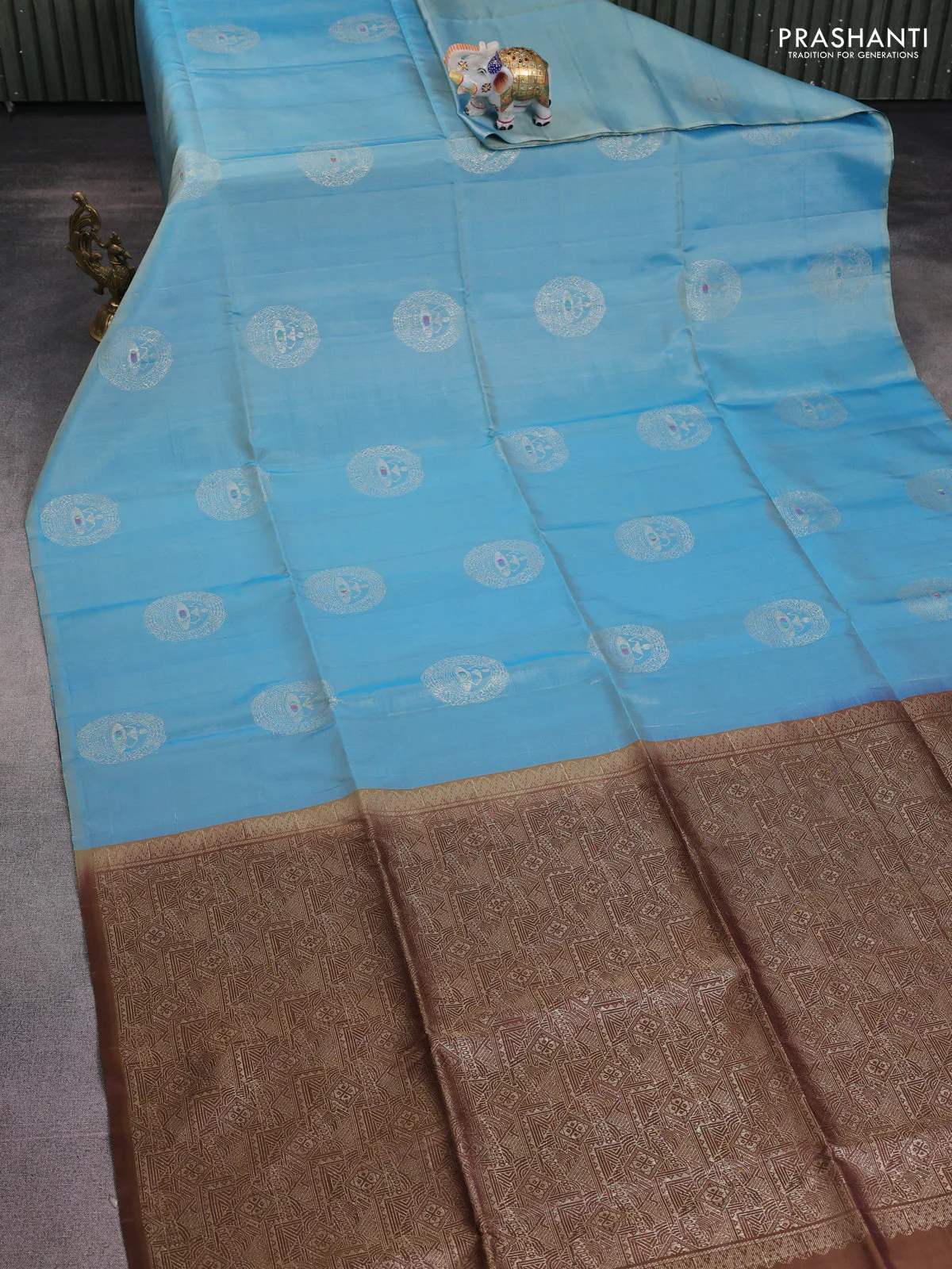 Pure soft silk saree light blue and brown with zari woven buttas in borderless style - Image 2